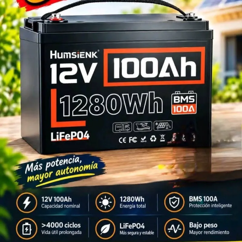 Batería Marca: Humsienk · Voltaje: 12V · Capacidad: 100Ah · Energía Total: 1280Wh (Vatios-hora) · Química: LiFePO4 (Litio Hierro Fosfato)