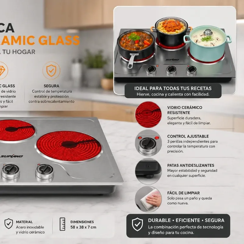 Cocina Eléctrica de 3 Hornillas Ceramic Glass 🔥