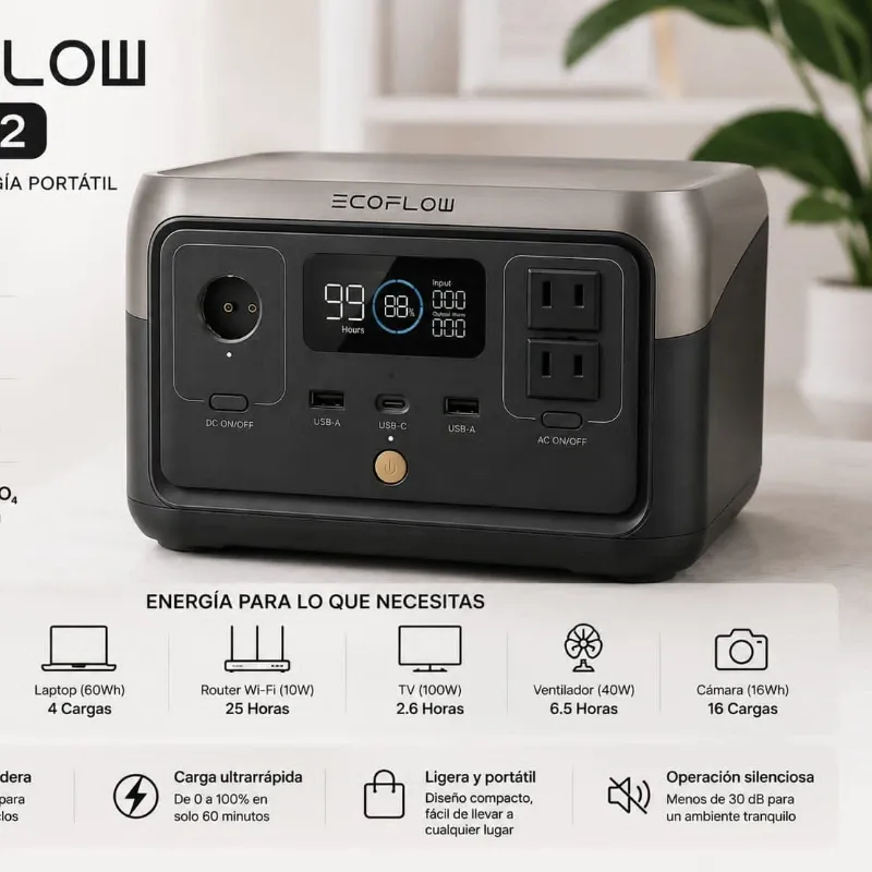 EcoFlow RIVER 2:  🔋 Capacidad de 256 Wh. ⚡ Potencia de salida de 300 W AC