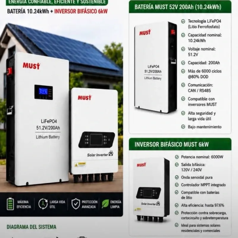 Kit Solar MUST  Batería de 10.24kWh + inversor bifásico 6 kW