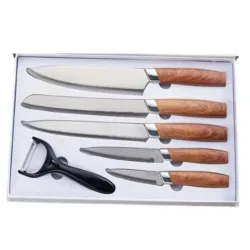 SET DE CUCHILLOS DE ACERO CON MANGOS COLOR MADERA