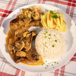 Pork Chop with HD gravy, onions, mushrooms, mashed potato and vegetables