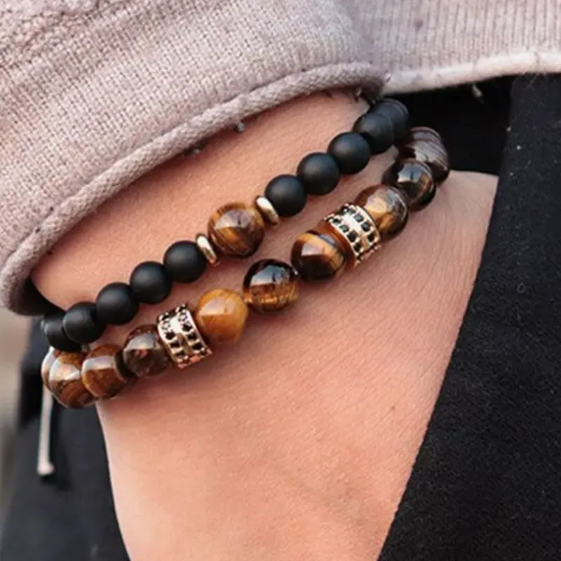 PULSERA DE HILO CON OJO DE TIGRE Y PIEDRA VOLCÁNICA 