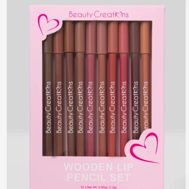 💋 Beauty Creations Wooden Lip Pencil Set – 12 tonos