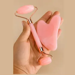 Kit de masaje facial Gua Sha y rodillo de jade de cuarzo rosa