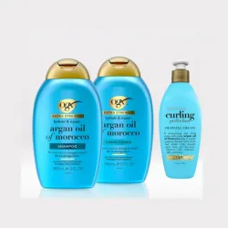 Set de champú, acondicionador y crema definidora de rizos OGX Aceite de argán extrafuerte de Marruecos