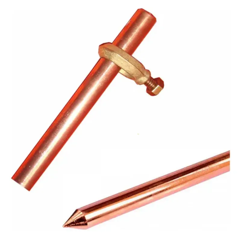 Varilla de cobre para puesta a tierra de 1/2" de diámetro y 1.20 m de longitud, incluye conector de apriete.