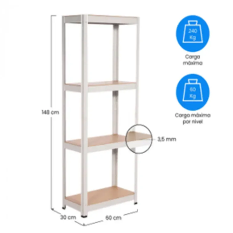 Estantería Modular Metálica con 4 Baldas 240kg Blanco 