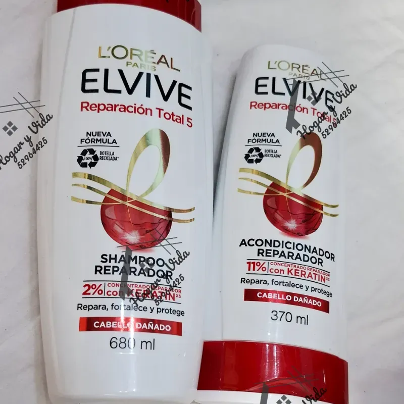 champú y acondicionador L'Oréal Paris Elvive Reparación Total 5, diseñados para el cabello dañado. 