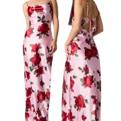 Vestido rosa de sateen estampado