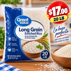 Arroz Enriquecido de Grano Largo Great Value 20 lb