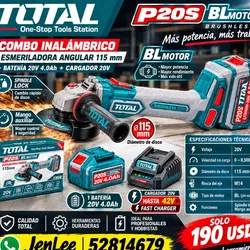 COMBO INALÁMBRICO ESMERILADORA ANGULAR 115 mm + BATENÍA 20V 4.0Ah + CARGADOR 20V