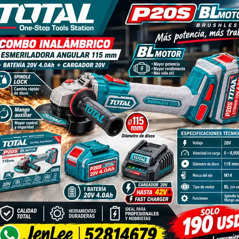 COMBO INALÁMBRICO ESMERILADORA ANGULAR 115 mm + BATENÍA 20V 4.0Ah + CARGADOR 20V