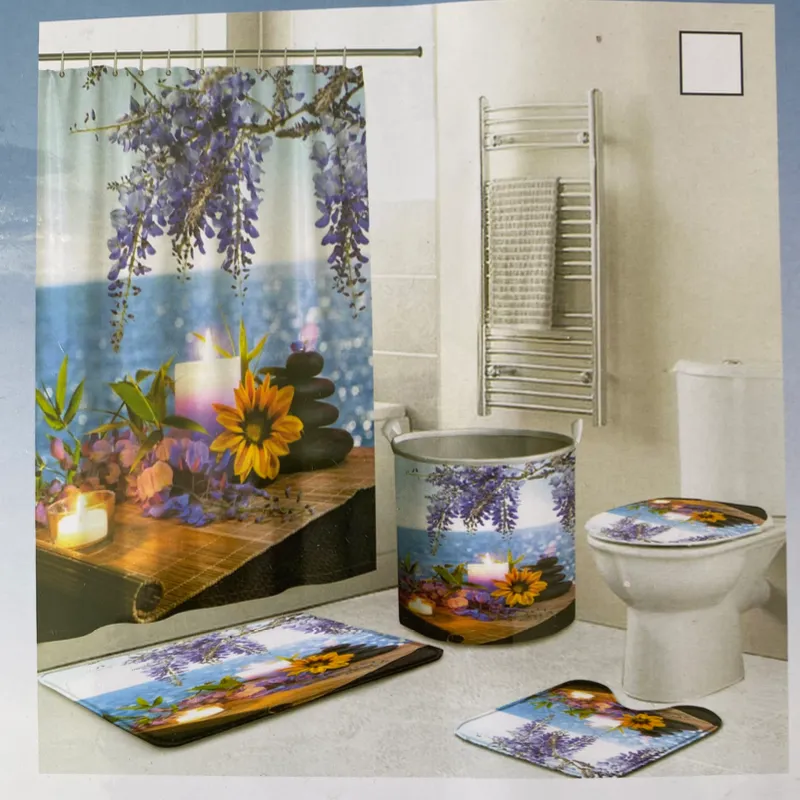Set de cortina alfombras y cestos para el baño 
