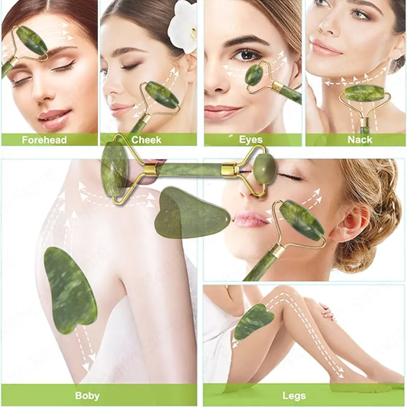 Rodillo de jade y Gua Sha para cara 3 en 1| Piedra real 100% natural, belleza facial, antienvejecimiento