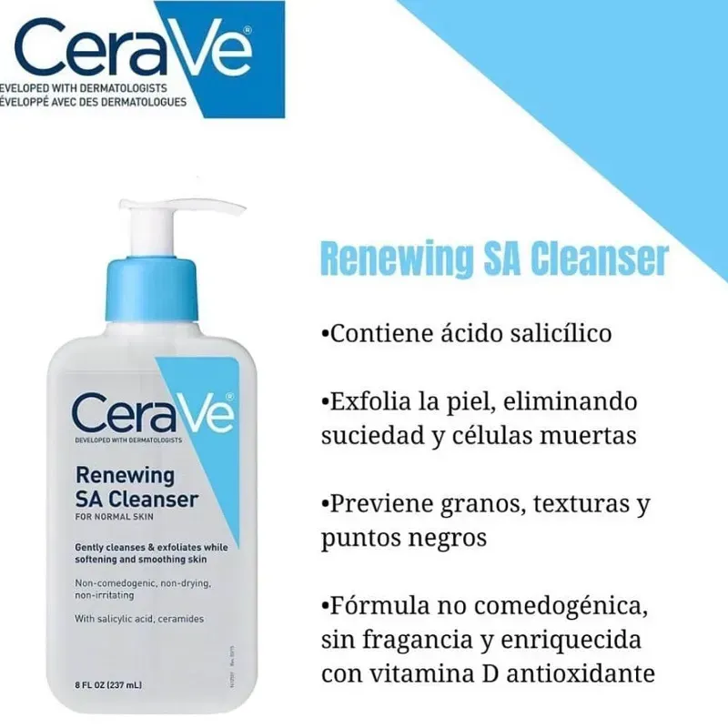Limpiador CeraVe Renewing SA para piel normal, con ceramidas y ácido salicílico .