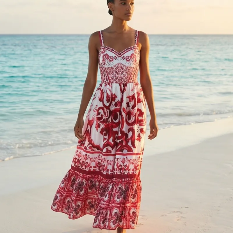 ❤️ Vestido largo rojo estampado