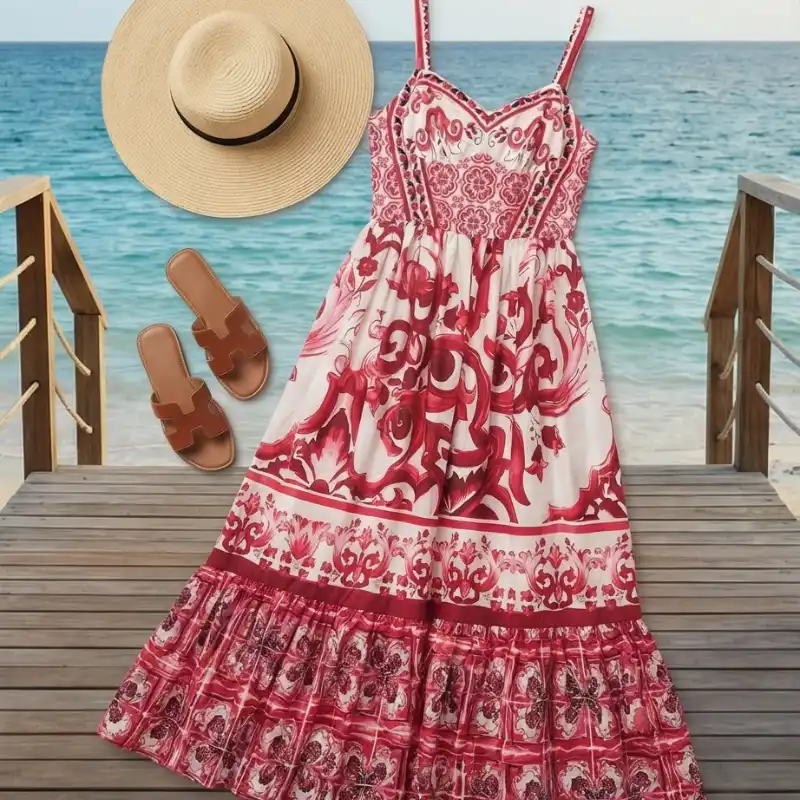 ❤️ Vestido largo rojo estampado