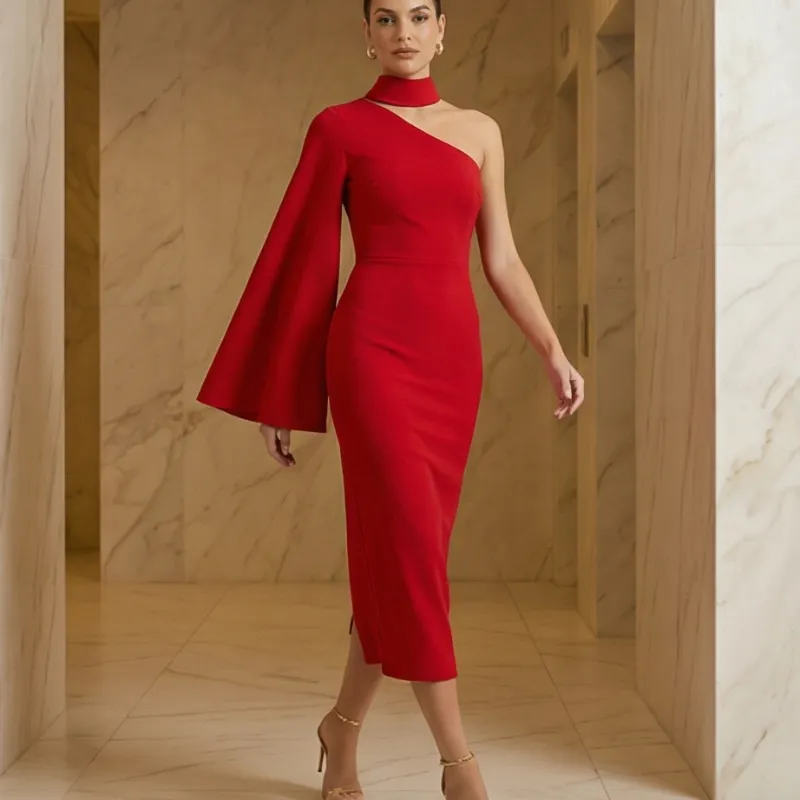 ❤️ Vestido rojo elegante una manga