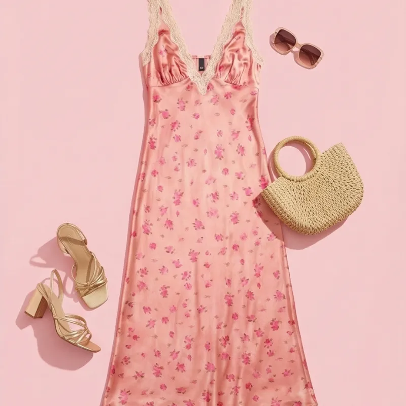 💗 Vestido rosa satinado floral