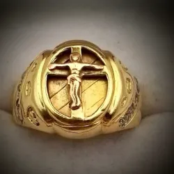 Anillo Original 14K de oro amarillo y oro rosa Jesús con la cruz es talla 10 -1/2