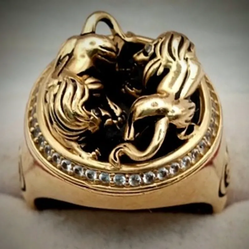Anillo Original 14K Exclusivo de Dos Leones En Relieve