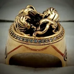 Anillo Original 14K Exclusivo de Dos Leones En Relieve