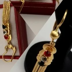 Aretes colgantes con rubí, esmeralda y circón color blanco