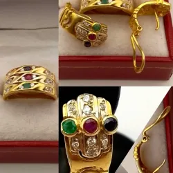 Conjunto de Anillo y Aretes estilo concha con brillante, esmeralda y zafiro