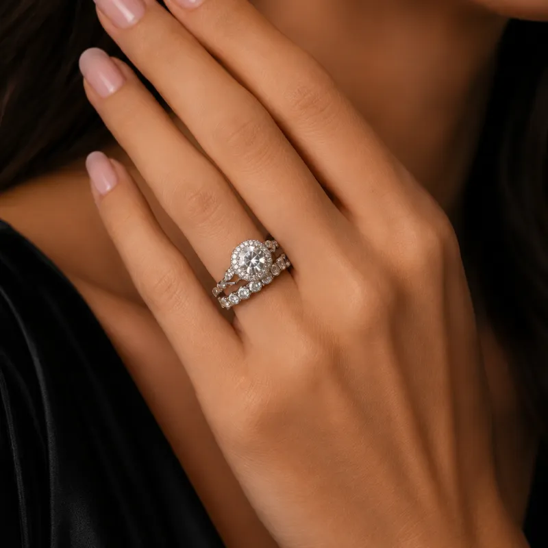 Set de Anillos de Compromiso Elegante ✨ | Diseño Halo & Banda Brillante