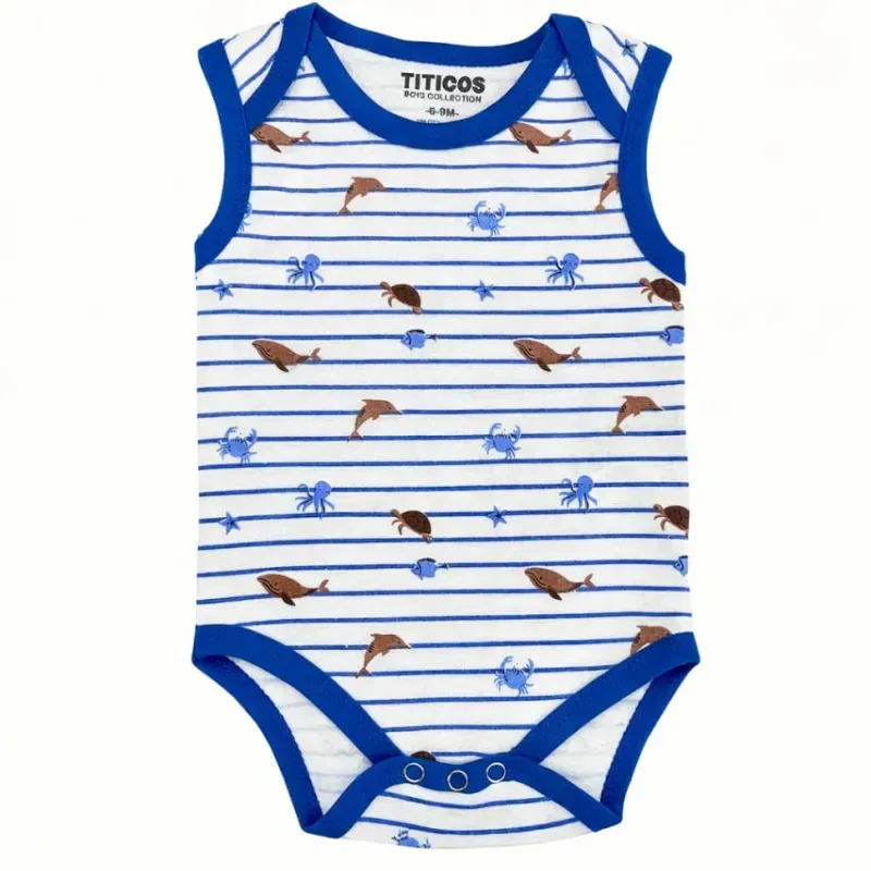 Body Blanco con Rayas Azules y Animales Marinos para Bebé