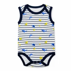 Body Blanco y Azul con Rayas y Estampado Marino para Bebé