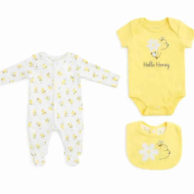 Conjunto Amarillo y Blanco con Body, Pantalón y Babero