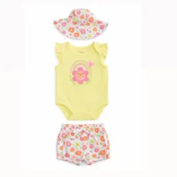 Conjunto Amarillo y Floral con Body, Short y Gorros para Bebé