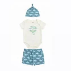 Conjunto Azul con Body, Short y Gorro Estampado Libélulas para Bebé