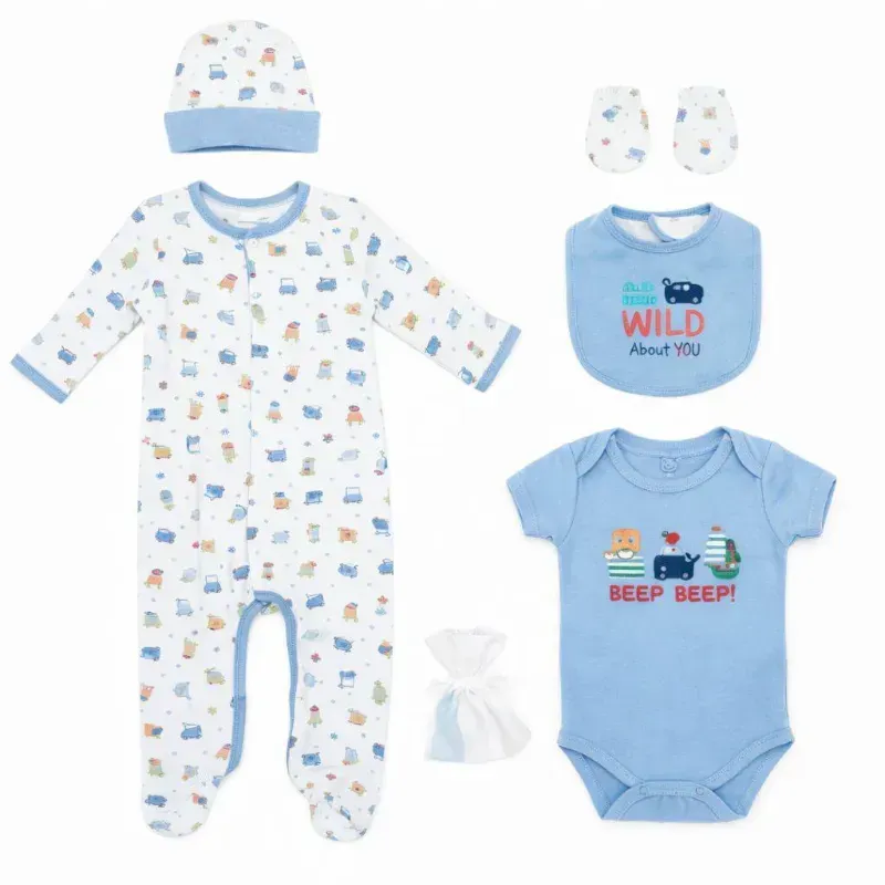 Conjunto Azul y Blanco con Body, Gorro, Babero y Accesorios para Bebé