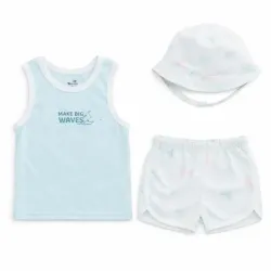 Conjunto Azul y Blanco con Camiseta, Short y Sombrero Tropical 