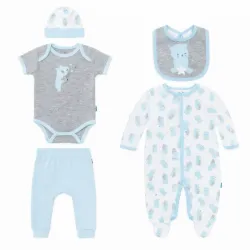 Conjunto Azul y Gris con Body, Pijama, Pantalón y Accesorios de Ositos para Bebé