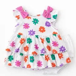 Conjunto Blanco Floral con Vestido y Cubrepañal 