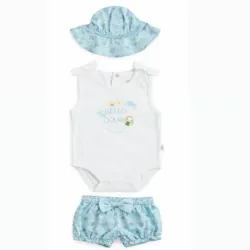 Conjunto Blanco y Azul con Body, Cubrepañal y Sombrero de Abejitas para Bebé