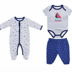 Conjunto Blanco y Azul con Body de Rayas y Pantalón Anclas para Bebé