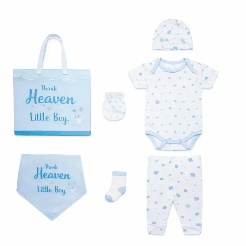 Conjunto Blanco y Celeste con Body, Gorro, Medias y Guantes para Bebé