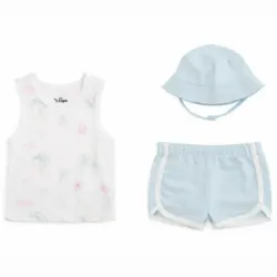 Conjunto Celeste y Blanco con Camiseta Aloha, Short y Sombrero para Bebé