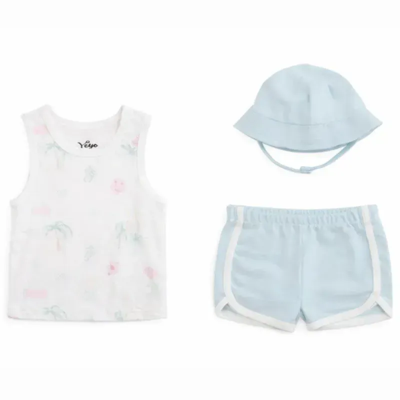 Conjunto Celeste y Blanco con Camiseta Aloha, Short y Sombrero para Bebé