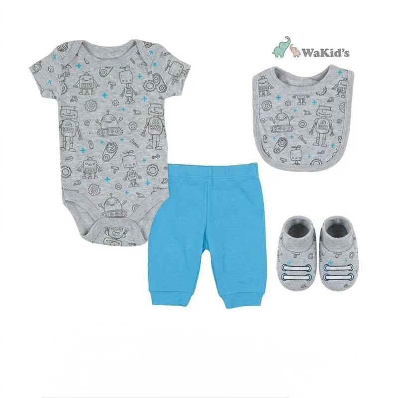 Conjunto de Body, Pantalón, Babero y Botitas para Bebé Temática Robots