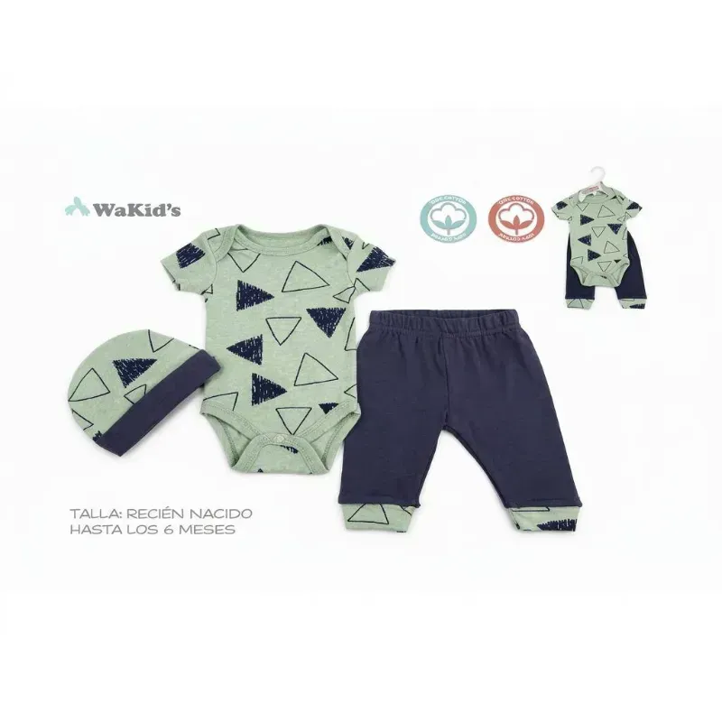 Conjunto de Body, Pantalón y Babero para Bebé Temática Triángulos