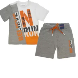 Conjunto de Camiseta y Short Deportivo Infantil Blanco/Naranja/Gris