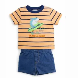 Conjunto de Pullover Rayado con Tiburón y Short Azul