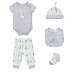Conjunto Gris y Azul con Body, Pantalón y Accesorios Animalitos para Bebé