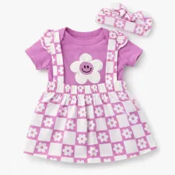 Conjunto Morado con Body, Falda y Cinta de Flores 